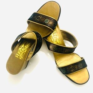 FERRAGAMO Gold Slip-on Brocade Sandals with Platform Heel